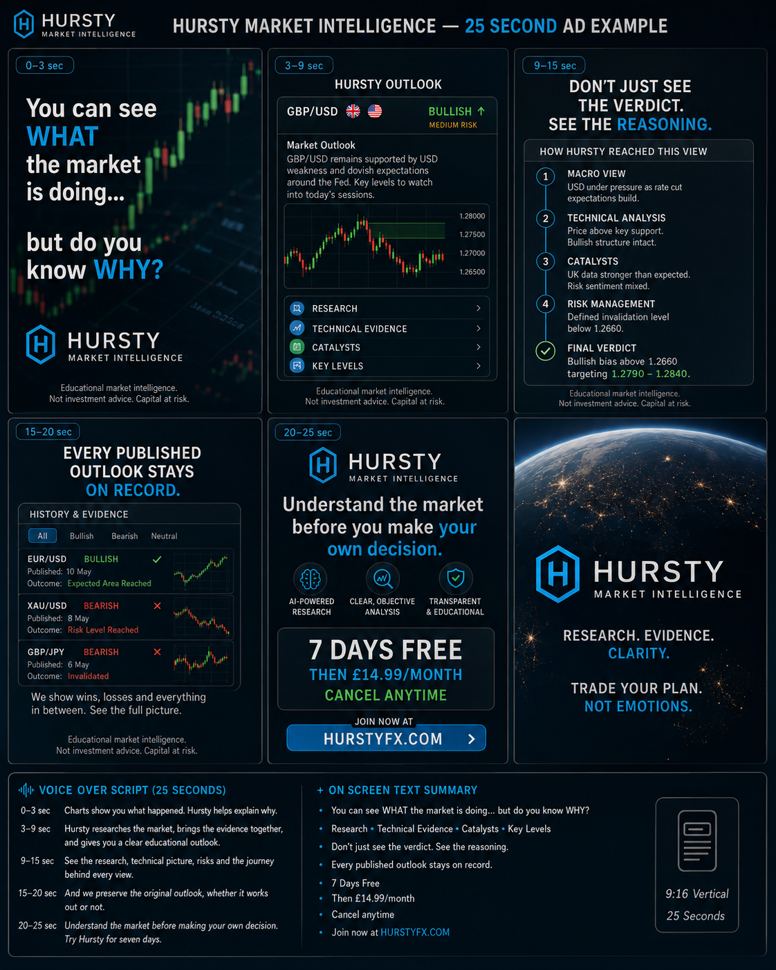 Hursty Market Intelligence visual storyboard showing research, reasoning, evidence history and membership offer